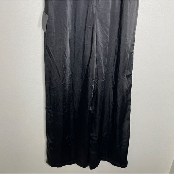 Lulu’s Black Feather Together Satin Wide Leg Jumpsuit Medium - Picture 11 of 16